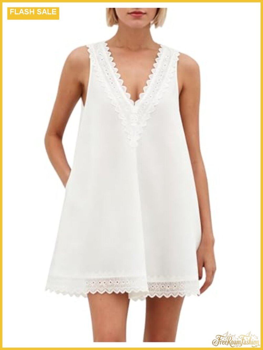 Women's Sleeveless V Neck Babydoll Lace Trim Mini Dress Summer Casual